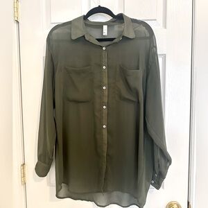 Oversized Sheer Olive Green Chiffon American Apparel Button-Down Blouse